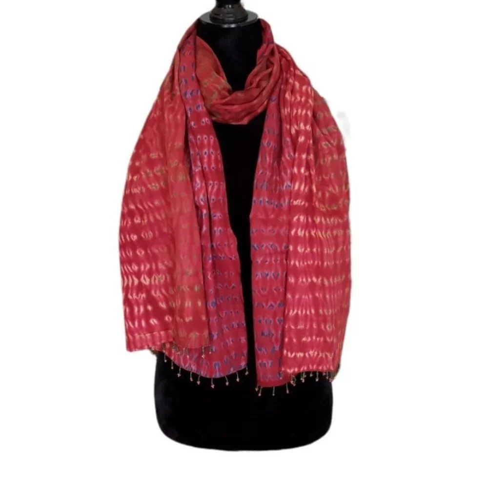 Sevya Beaded Cotton Pink Green Red Handmade Fair Trade Scarf NWOT - Picture 1 of 6
